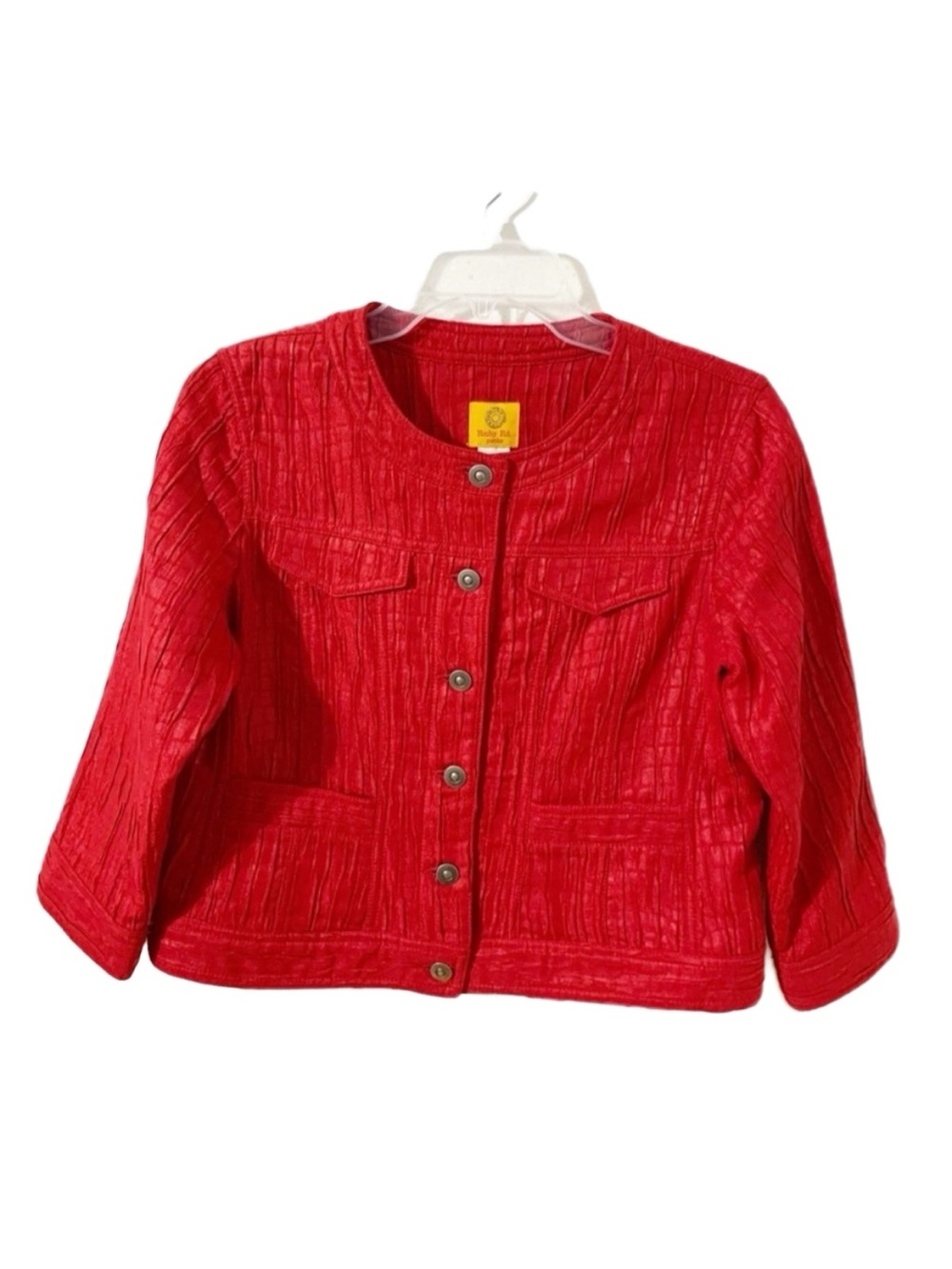 Ruby Road Petites Button Front Crinkled Fabric Collarless Cropped Jacket Red 🟥
